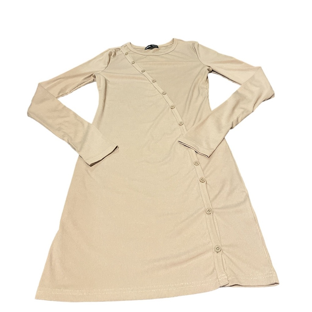 Tan Long Sleeve Ribbed Shein Dress With Buttons